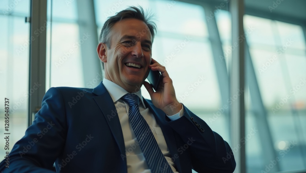 Corporate traveler chatting on the phone while awaiting his flight Corporate traveler chatting on the phone while awaiting his flight