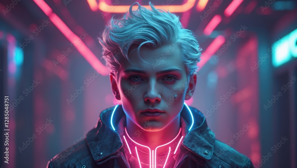 Futuristic character featuring neon light elements in vibrant artwork. Futuristic character featuring neon light elements in vibrant artwork.