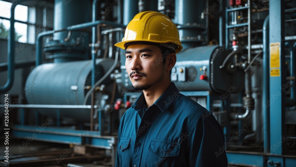 Engineer wearing a yellow hard hat posing next to maintenance equipment in an industrial setting. Engineer wearing a yellow hard hat posing next to maintenance equipment in an industrial setting.