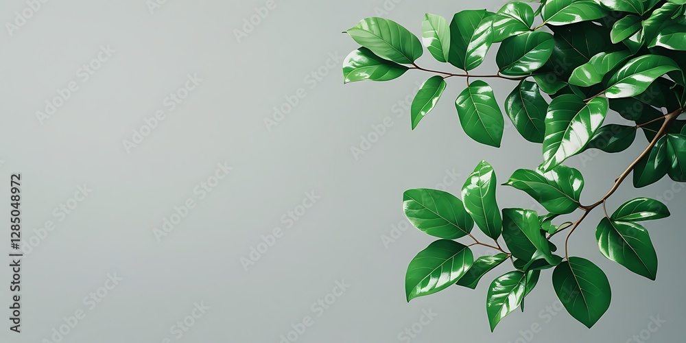 Obraz premium Fresh green plant branch with vibrant leaves against a soft muted background, creating a minimalistic and natural aesthetic perfect for botanical, organic, and eco-friendly themes