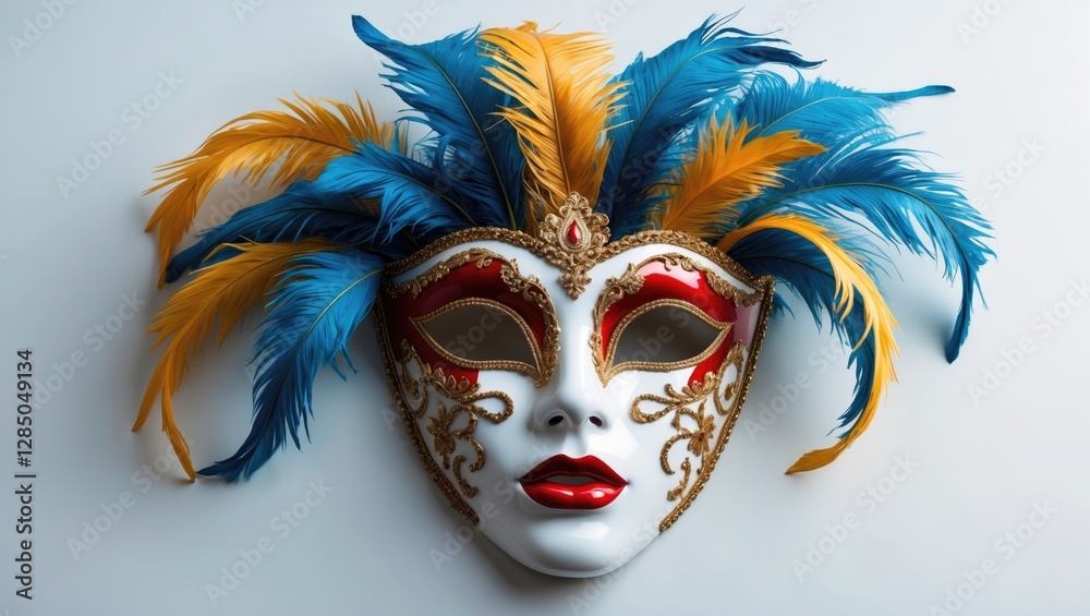 Venetian carnival mask with colorful feathers on a plain white background Venetian carnival mask with colorful feathers on a plain white background