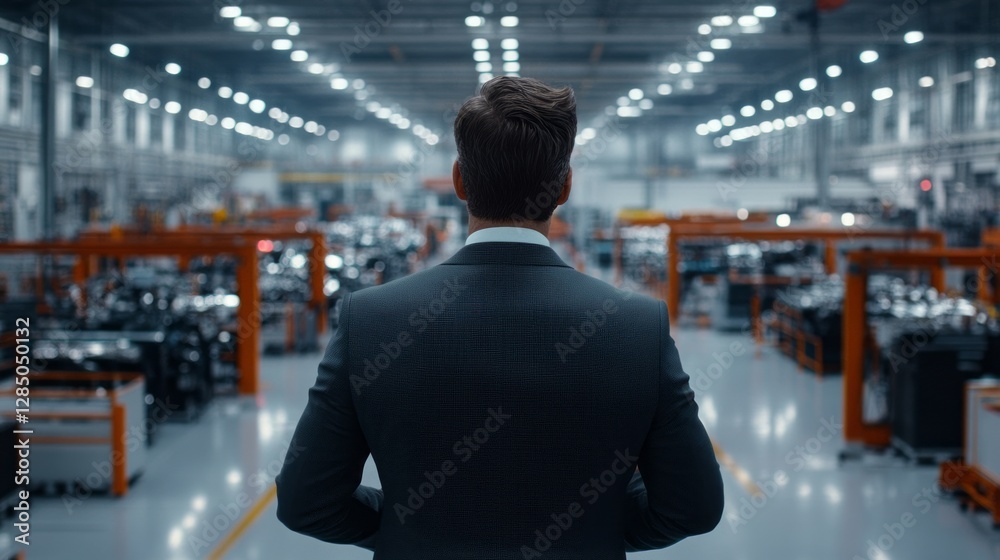 A Leader's Vision: A determined leader stands confidently in the heart of a modern factory, looking out over the production line and representing vision, industrial innovation.