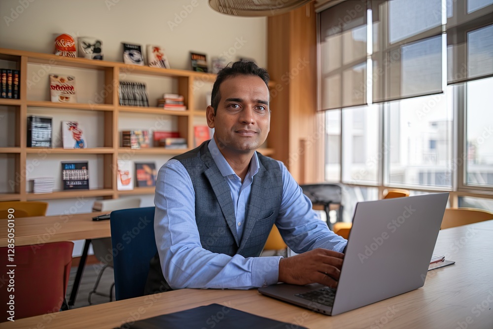 Calm & Focused Businessman Working on Laptop in Modern Office, Blue Shirt and Vest, Warm Lighting, Bookshelves, Natural Light from Windows, Medium Shot Calm & Focused Businessman Working on Laptop in Modern Office, Blue Shirt and Vest, Warm Lighting, Bookshelves, Natural Light from Windows, Medium Shot