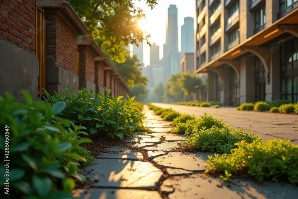 Sunlit green plants and cracked pavement leading to modern city skyscrapers in early morning light urban nature contrast background for architecture, city life, outdoor walk, environmental harmony, s Sunlit green plants and cracked pavement leading to modern city skyscrapers in early morning light urban nature contrast background for architecture, city life, outdoor walk, environmental harmony, s