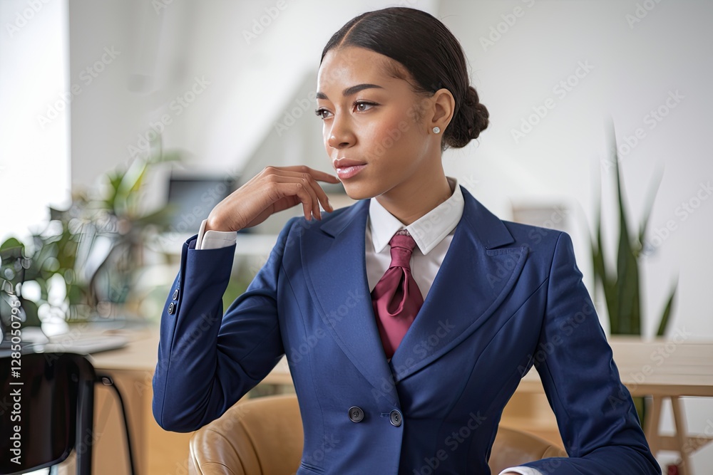 Elegant Portrait of a Pensive Young Businesswoman in a Navy Blue Suit, Burgundy Tie, Clean Style, Indoor Setting, Looking Away, Natural Light Elegant Portrait of a Pensive Young Businesswoman in a Navy Blue Suit, Burgundy Tie, Clean Style, Indoor Setting, Looking Away, Natural Light