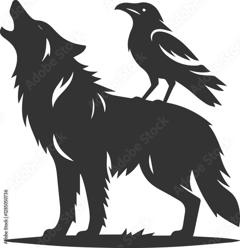 A wolf howling with a raven perched on its back animal vector silhouette