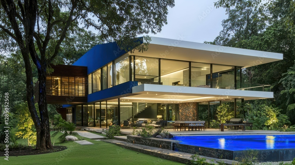 Modern Glass House Surrounded by Lush Greenery at Dusk Modern Glass House Surrounded by Lush Greenery at Dusk