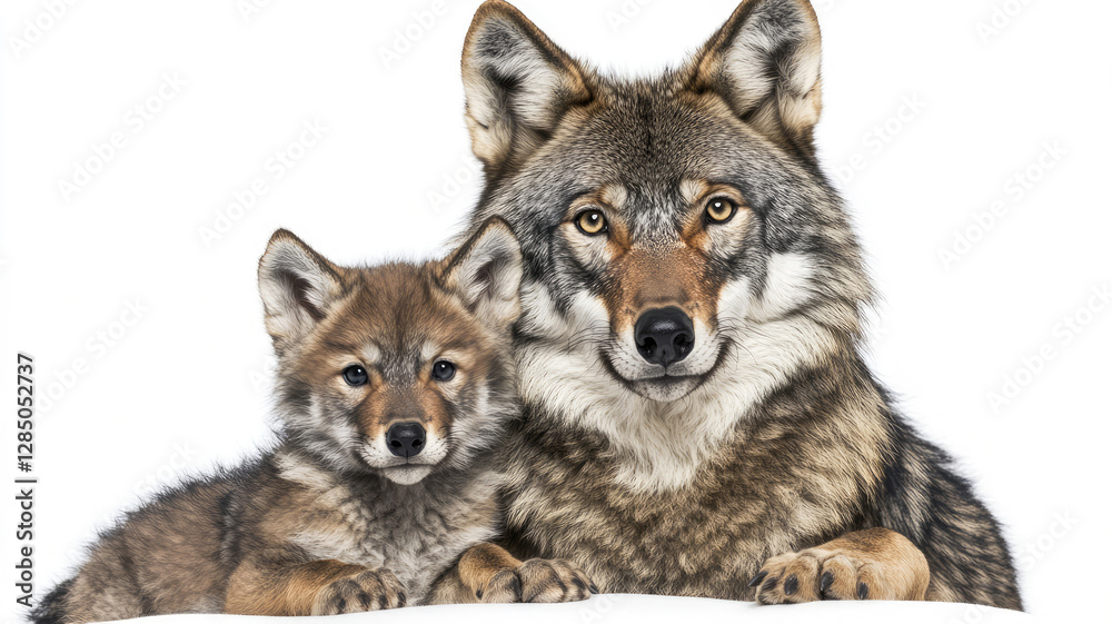 Wolf and its wolf cub, isolated on a white background Wolf and its wolf cub, isolated on a white background