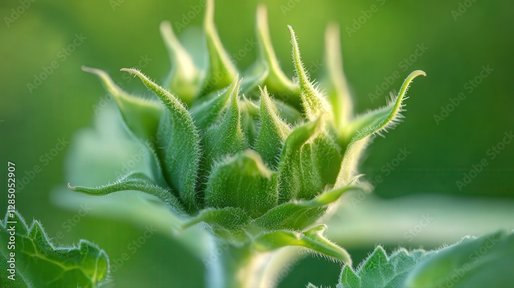 Green Sunflower Bud with Dew Drops Close Up Green Sunflower Bud with Dew Drops Close Up