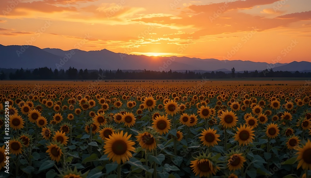 Obraz premium Stunning Sunset over a Vast Sunflower Field with Majestic Mountains in the Background