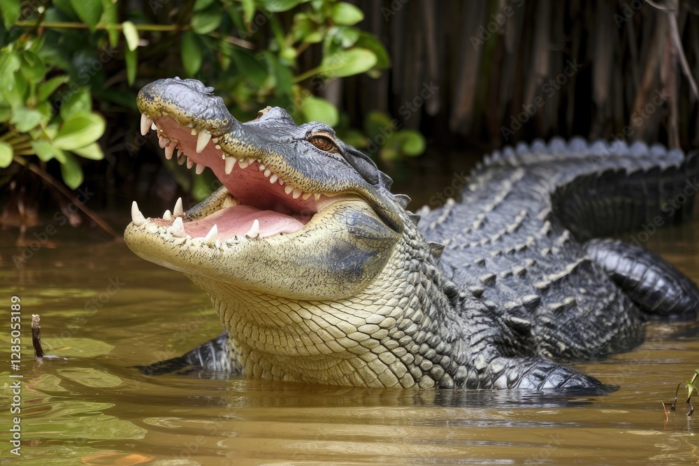Fototapeta premium Close-up portrait of an American Alligator with an open mouth in a murky swamp, showing sharp teeth. Lush green foliage and reeds in the background