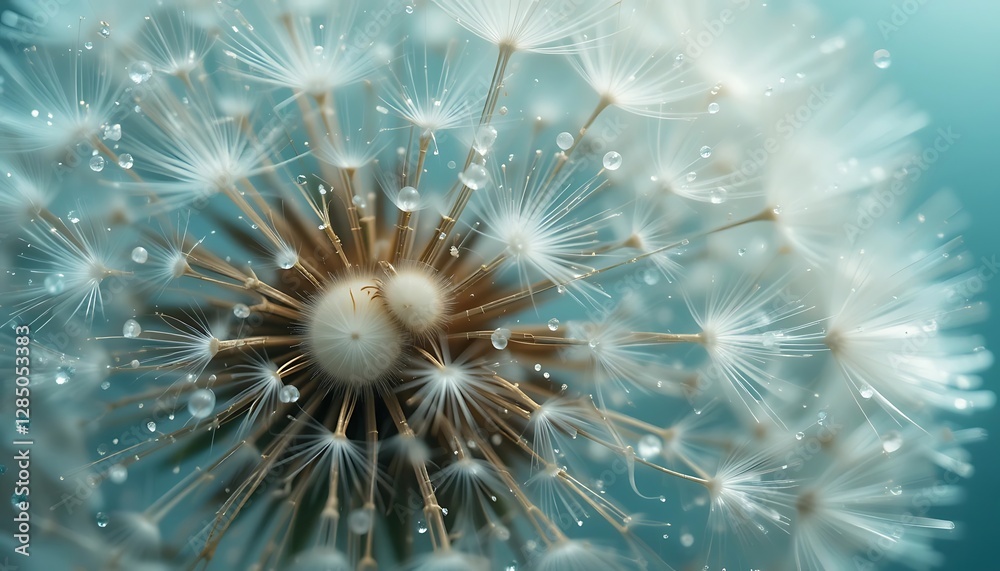 Fototapeta premium Close Up Macro Photography of a Dandelion Seed Head with Water Droplets