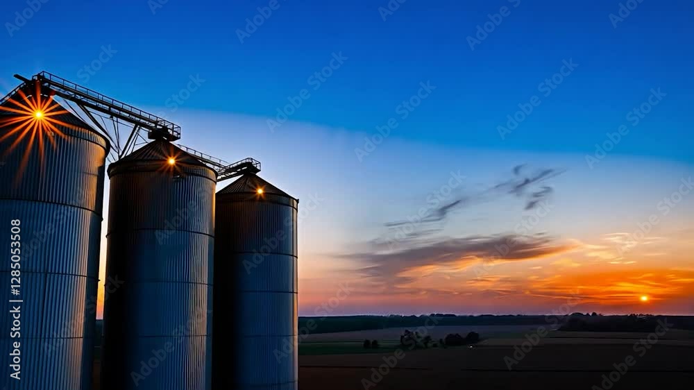 Silos at Sunset over Farmland Silos at Sunset over Farmland