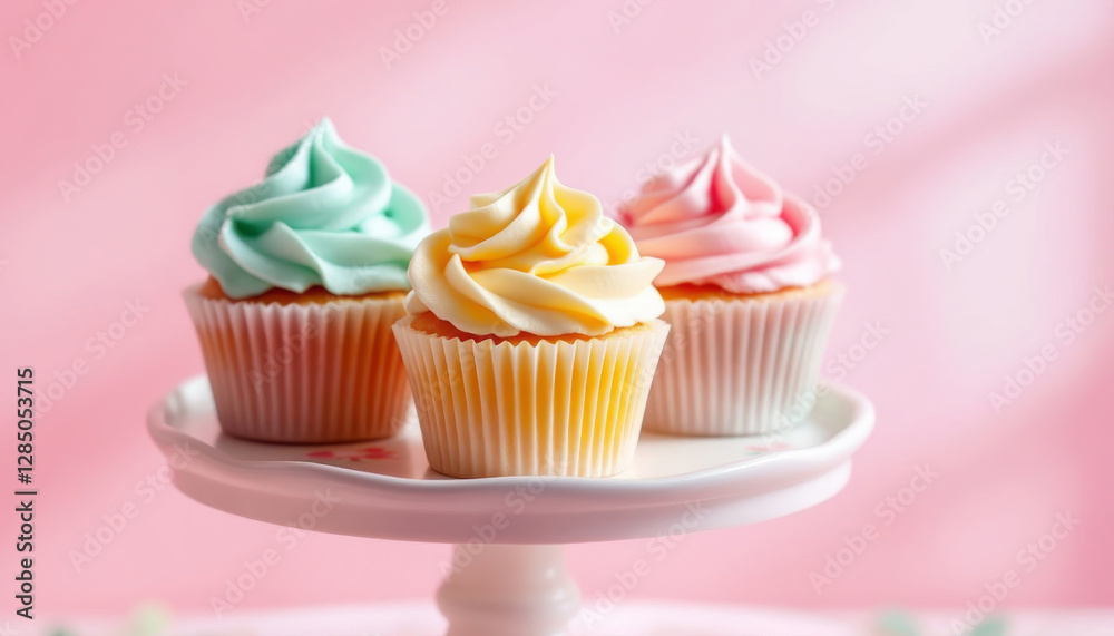 Three pastel frosted cupcakes presented on a white cake stand Three pastel frosted cupcakes presented on a white cake stand