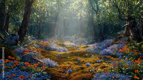 Enchanting Sunlit Forest Path with Vibrant Wildflowers