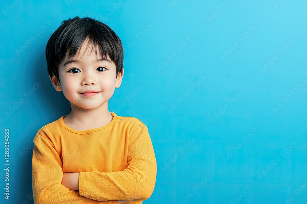 High Resolution Picture of Image of Asian Child Posing on Blue Background High Resolution Picture of Image of Asian Child Posing on Blue Background