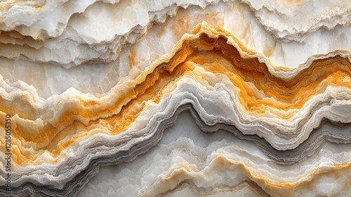 Close-up view of intricately layered onyx marble, exhibiting warm hues of orange, gold, and grey. Abstract Onyx Marble Texture: Layers of Warm Hues
