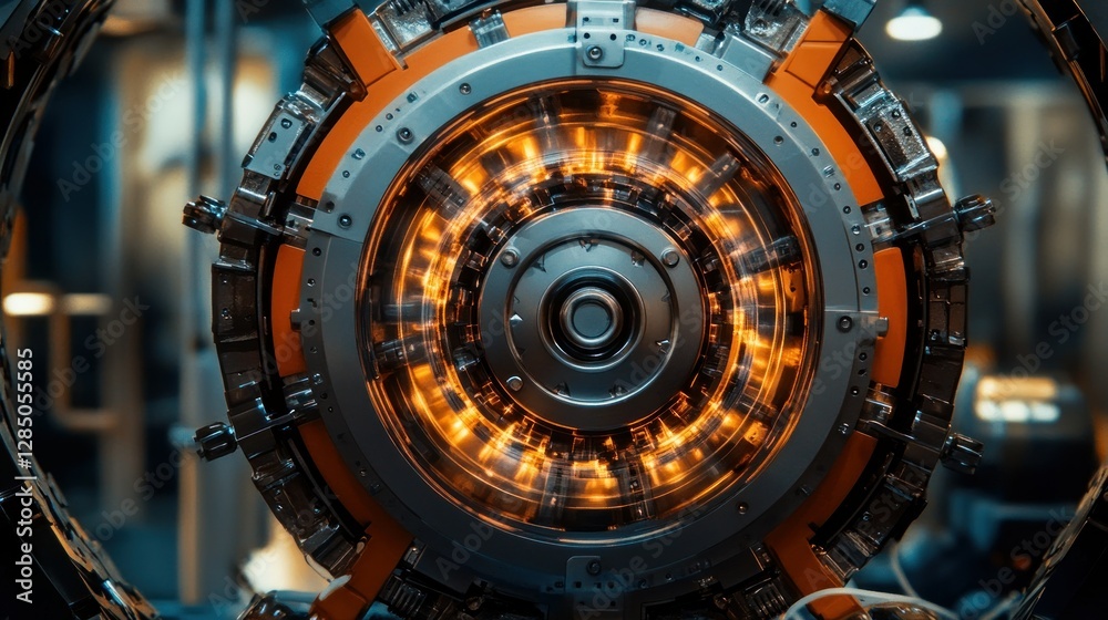 Close-up view of a futuristic energy core with glowing elements in a high-tech laboratory setting Close-up view of a futuristic energy core with glowing elements in a high-tech laboratory setting
