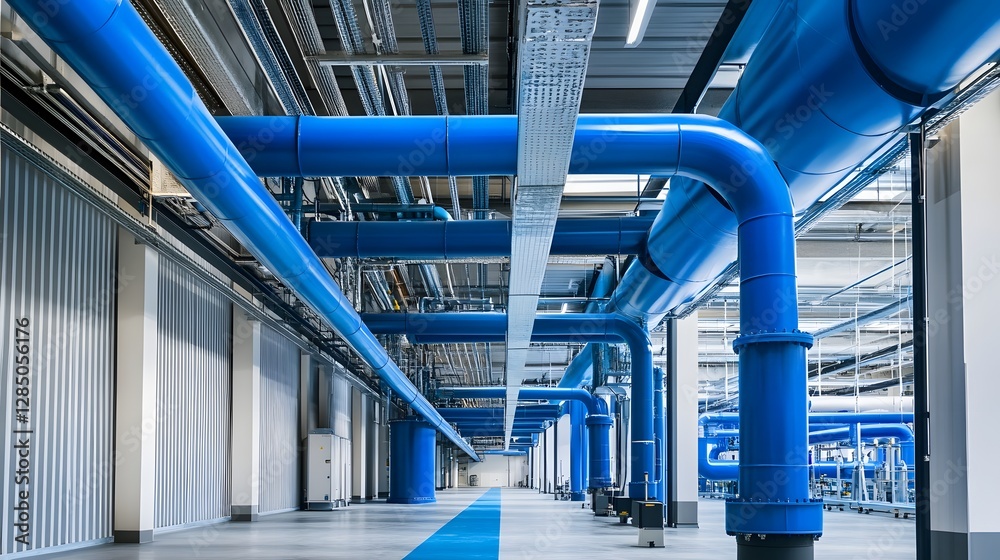Fototapeta premium A large industrial building with blue pipes running through it. The pipes are blue and are connected to the ceiling
