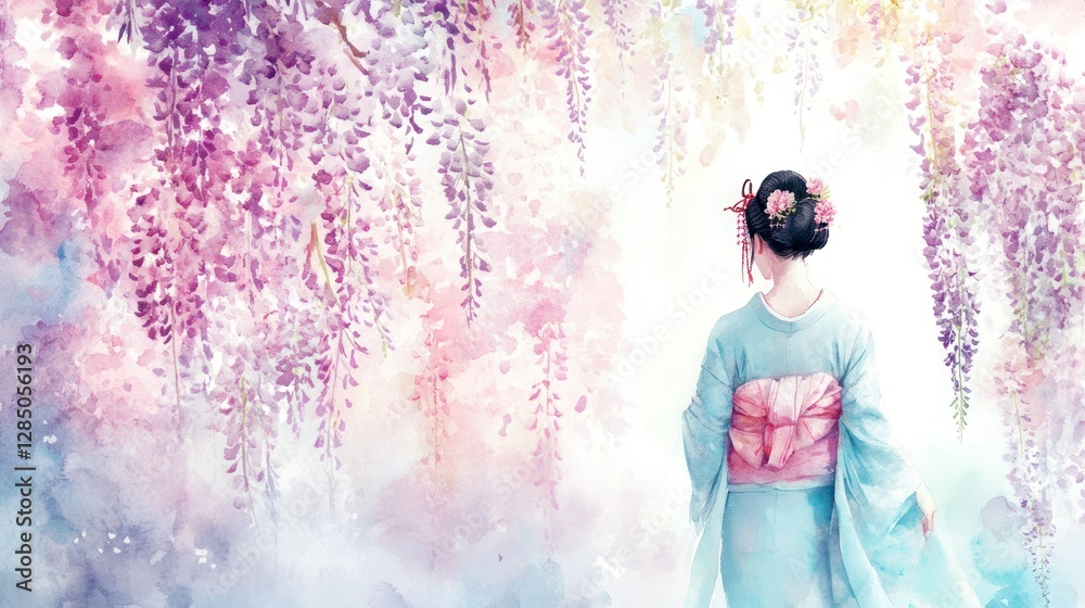 Obraz premium A serene scene of a woman in traditional attire walking under blooming wisteria in a tranquil setting