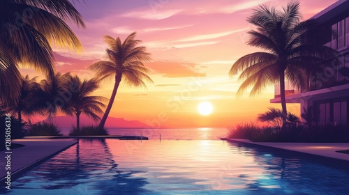 Paradise Found: A serene tropical sunset painting over an infinity pool and luxury accommodation, evoking relaxation and exotic vacation.