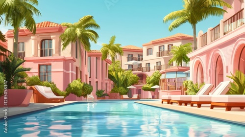 Luxurious Resort Oasis: A picturesque resort with a sparkling blue pool surrounded by elegant pink buildings, palm trees and sunny skies, creating an atmosphere of relaxation and escape.