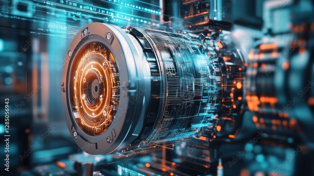 Obraz premium Futuristic mechanical engine component surrounded by glowing circuitry in a high-tech environment