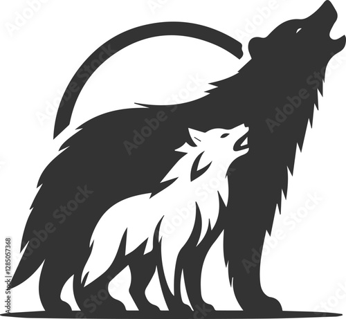 A wolf howling with a bear standing behind it animal vector silhouette