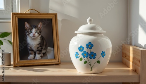White memorial urn with cremated remains, decorated with blue flowers and green leaves, surrounded by framed photo of deceased striped kitten