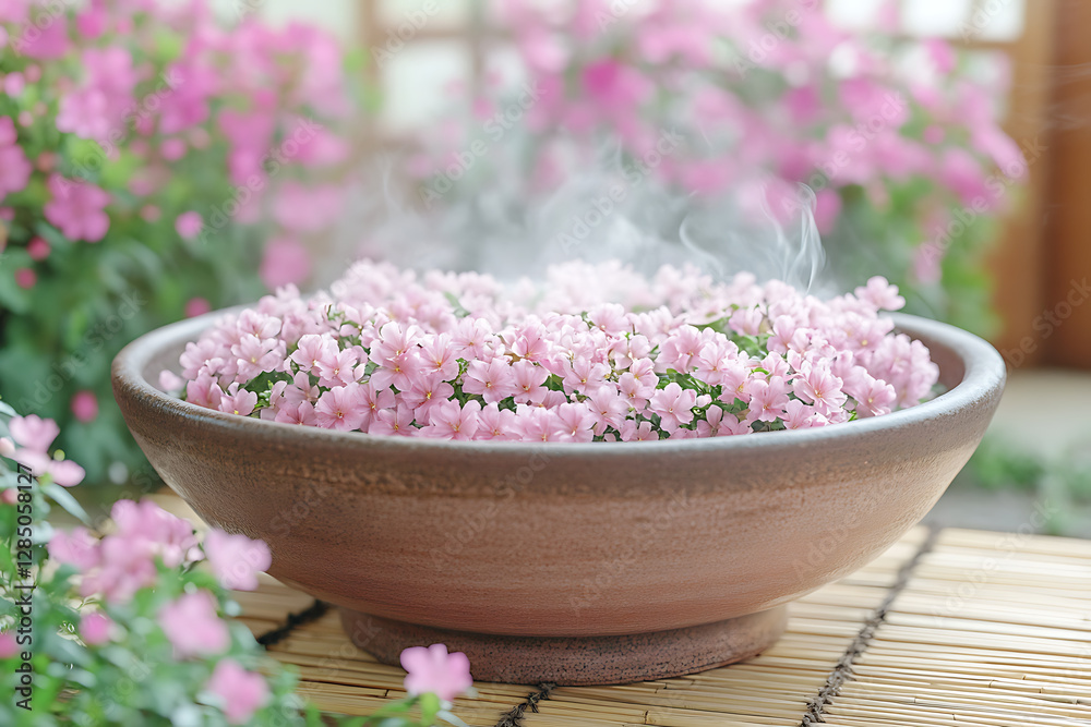 Miso soup elegantly presented in a uniquely shaped bowl, surrounded by delicate cherry blossoms in a light-filled traditional dining space. Miso soup elegantly presented in a uniquely shaped bowl, surrounded by delicate cherry blossoms in a light-filled traditional dining space.