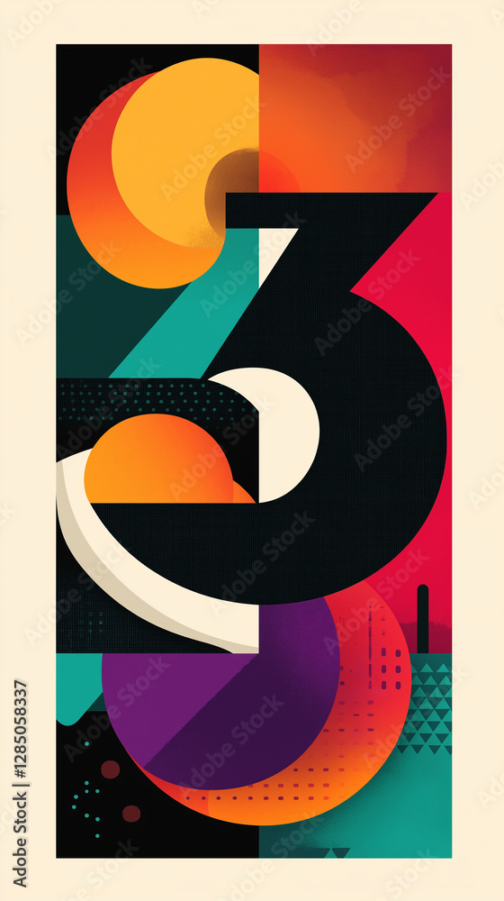 The number three with geometric shapes and patterns