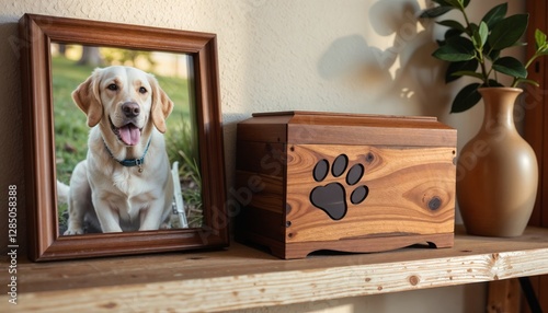 Framed photo of deceased dog with wooden memorial box urn featuring paw print, surrounded by plant vase, love, loss, and pet remembrance