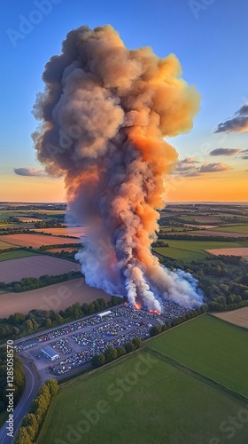 Massive plume of orange-tinted smoke rising dramatically from an industrial site during golden sunset, aerial drone view over rural countryside with patchwork fields and parking lot.