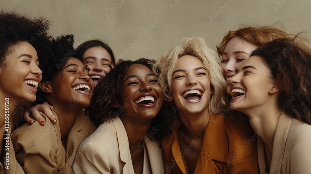 A joyful group of diverse friends sharing genuine laughter and embracing each other, wearing elegant neutral-toned blazers, creating a heartwarming moment of pure happiness. A joyful group of diverse friends sharing genuine laughter and embracing each other, wearing elegant neutral-toned blazers, creating a heartwarming moment of pure happiness.