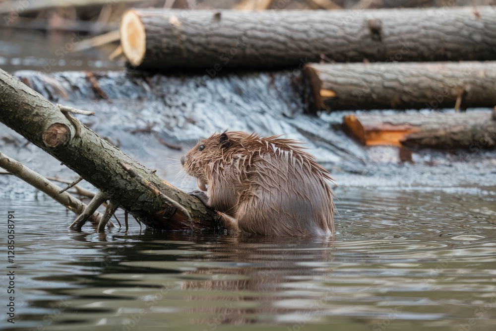 Brown Furry Rodent Resting on Branch in Murky Water, Logs in Background, Wildlife in Natural Habitat