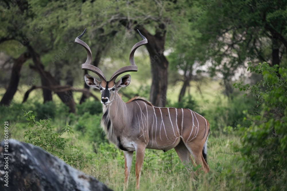 Fototapeta premium Striking Antelope with Spiraled Horns in Natural Green Habitat, Focus on Wildlife Beauty & African Safari Aesthetic