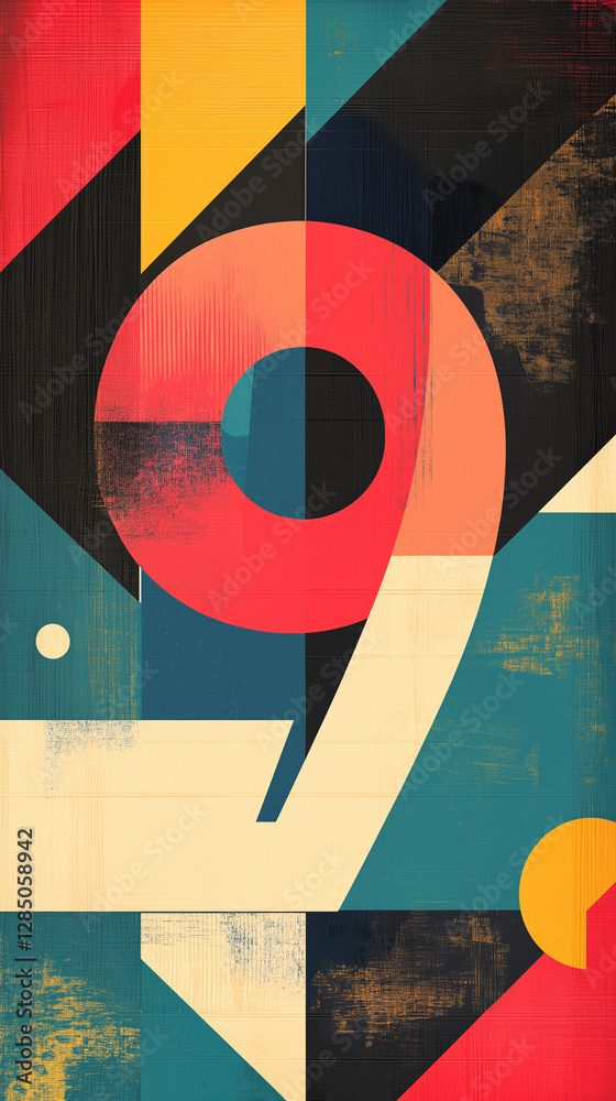 Number 9 with geometric shapes and textures