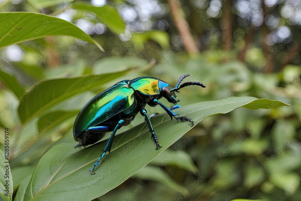 Fototapeta premium Vibrant Colors, Detailed Insect on Leaf, Lush Greenery, Natural Light, Shallow Depth of Field, High Resolution