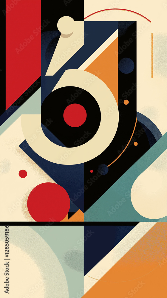 Vertical design of dramatic forms in red, teal, ochre and red