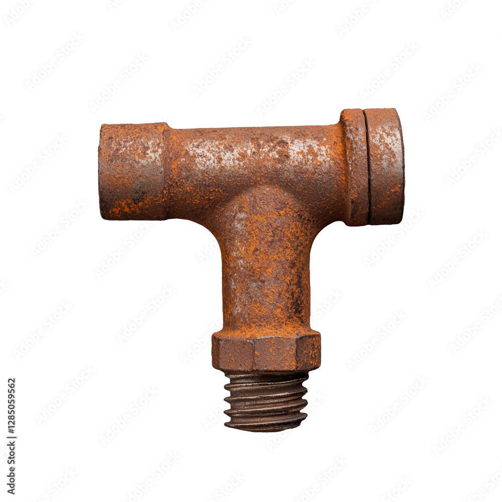 Rusty metal pipe fitting in T-shape design on transparent background