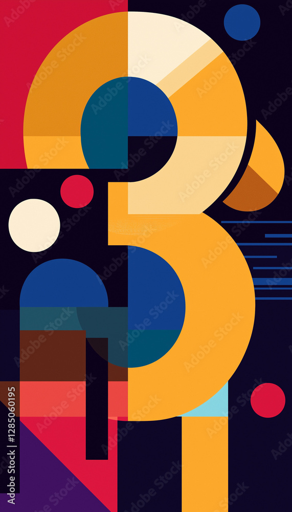 Vertical design of number three with colorful shapes