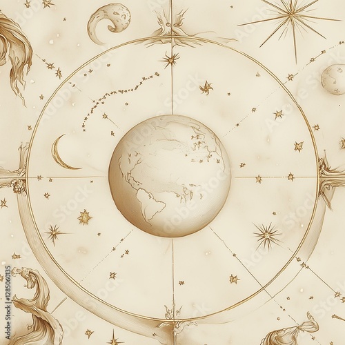 Celestial Map of the Earth with Stars and Planetary Orbits