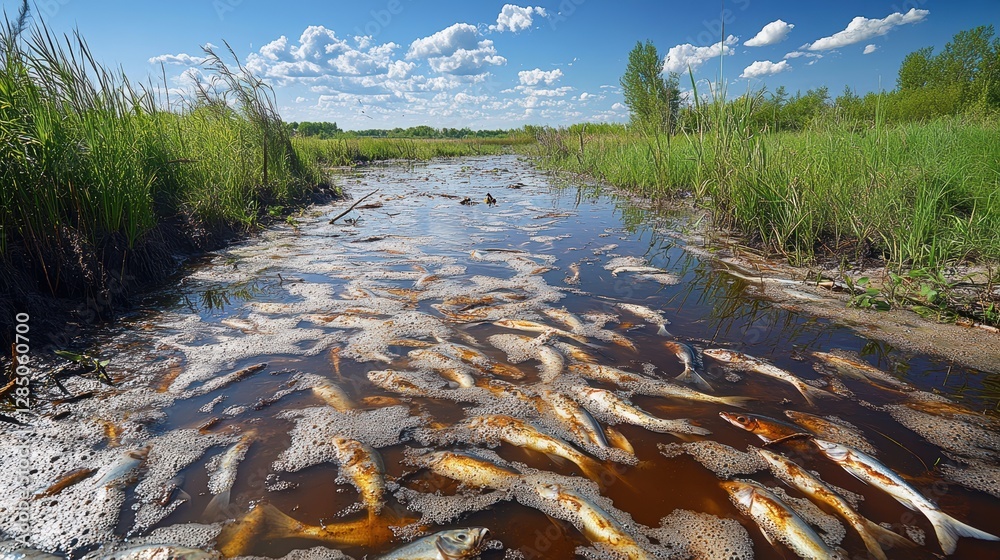 Massive Fish Die-Off in Freshwater Marsh Under Bright Blue Sky with Fluffy Clouds Massive Fish Die-Off in Freshwater Marsh Under Bright Blue Sky with Fluffy Clouds