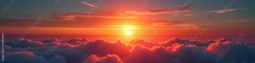 Naklejka premium A brilliant orange sun sinks slowly below a wispy cloud layer, serene landscape, clouds, sunsets