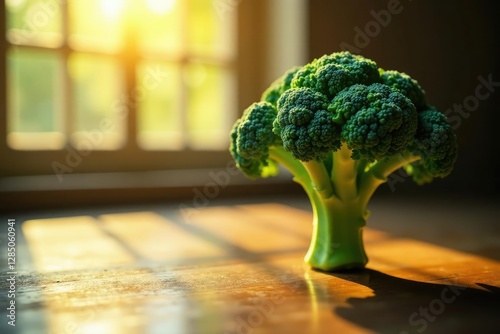 A broccoli floret in a sunny window with light rays, warm, rays, nutritious