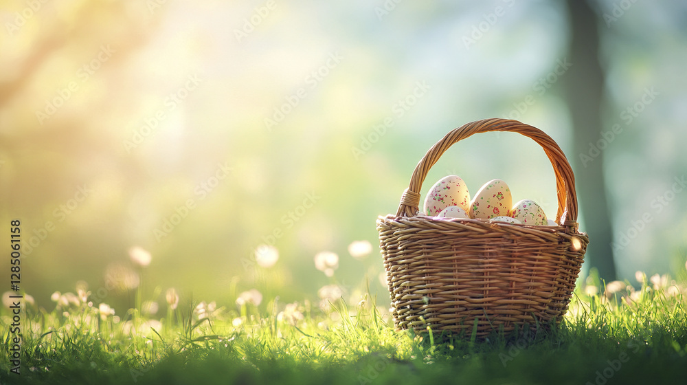 serene springtime scene with Easter basket on grass serene springtime scene with Easter basket on grass