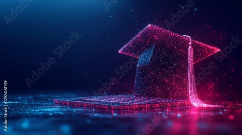 Glowing graduation cap and tassel on a digital platform.