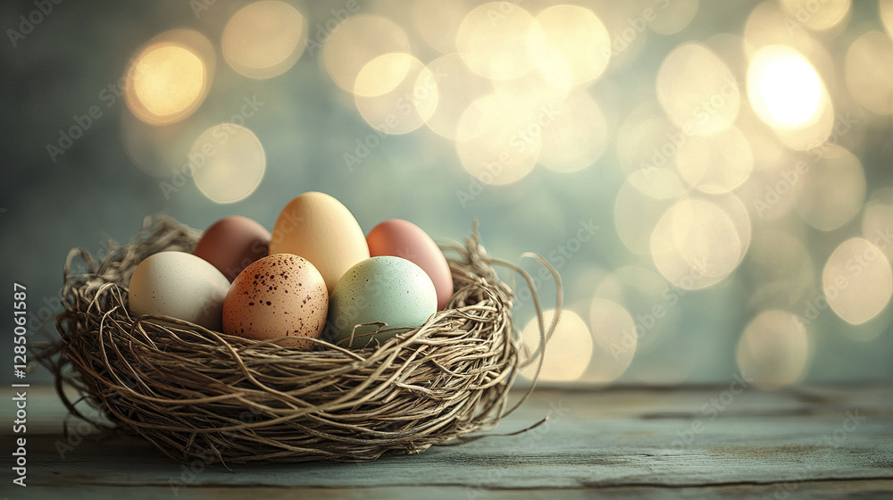 Obraz premium handwoven basket with colorful Easter eggs on rustic table