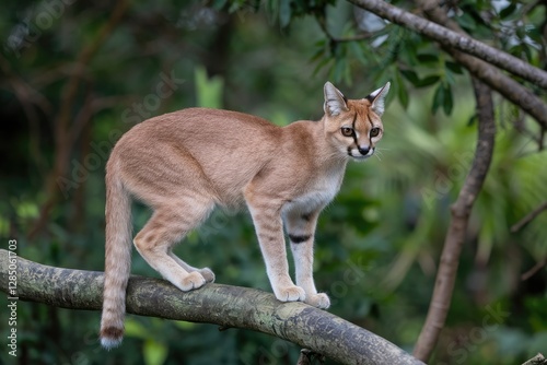 Majestic Caracal Cat Perched on Branch, Soft Light, Detailed Fur Texture, Alert Gaze, Natural Habitat, Eye-Level Shot, Warm Tones
