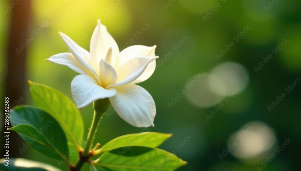 Fototapeta premium Gardenia flower with delicate white petals unfolding, garden, sunlit background